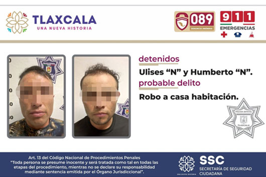 La SSC detiene en Apizaco a dos personas por el probable delito de robo a casa habitación