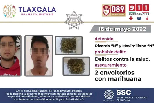 La SSC detiene en San Benito Xaltocan a dos sujetos por posesión de marihuana