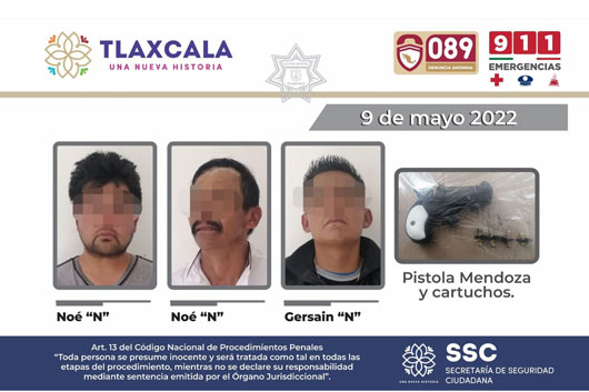 Detiene la SSC a tres personas y asegura un arma de fuego en Santa Cruz Quilehtla