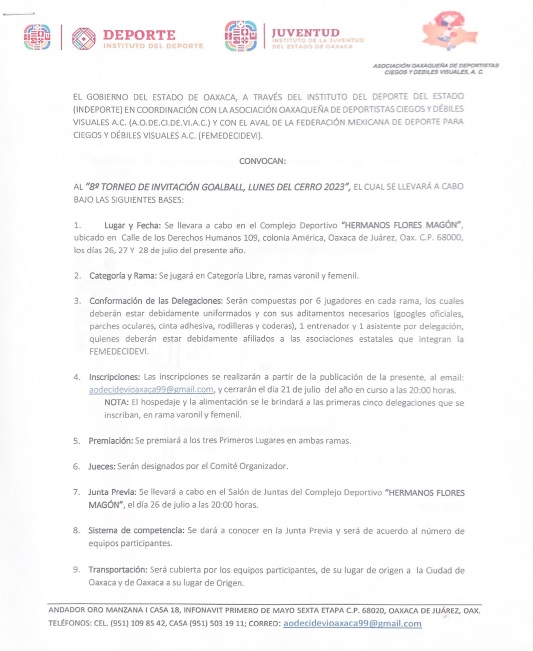 Emiten convocatoria del 8° Torneo de invitación Goalball, Lunes del Cerro 2023