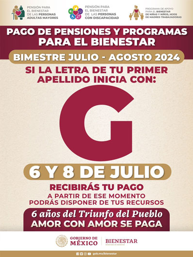 Hoy sábado 6 de julio continúa la dispersión bancaria de Pensiones y Programas de Bienestar