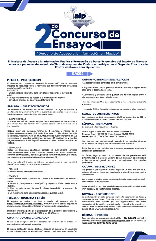 Convoca el IAIP Tlaxcala al segundo concurso de ensayo “Derecho de Acceso a la Información en México”
